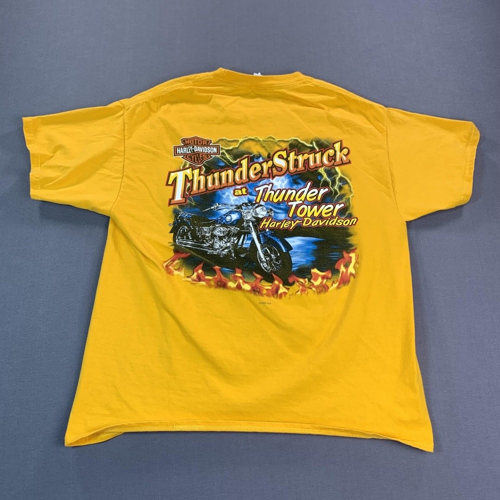 Harley-Davidson Shirt Men L Yellow Thunder Tower Thunderstruck Lightning Graphic